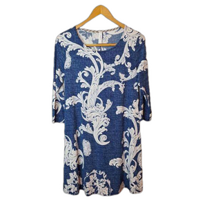 Honeyme Womens Size S Pullover Dress Blue‎ Paisley Stretch Pockets 3/4 Sleeve